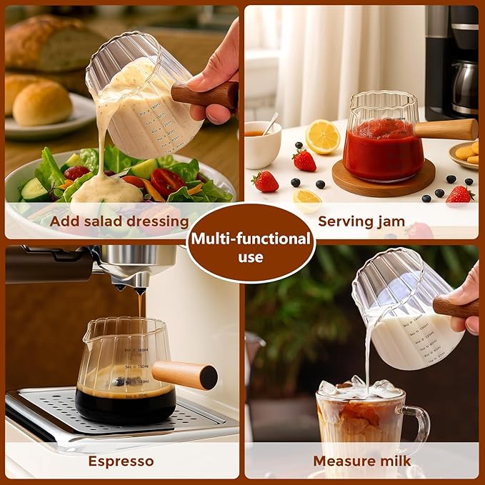 YARRAMATE 2 Pack 6 oz/180ML Glass Measuring Cup with Wooden Handle – Espresso Shot Cups, Ribbed Milk Frothing Pitcher, Dual Scale Markings, V-Shaped Mouth for Easy Pouring, Dishwasher Safe