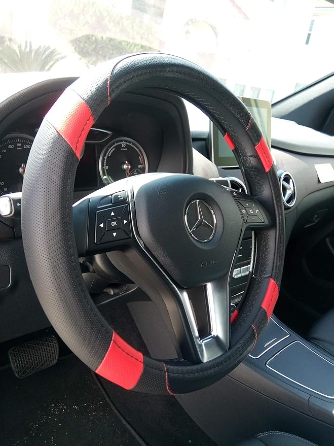 Jdragon Black & Red PU Leather Best Grip Slip-On Steering Wheel Cover 14.25-15" Diameter