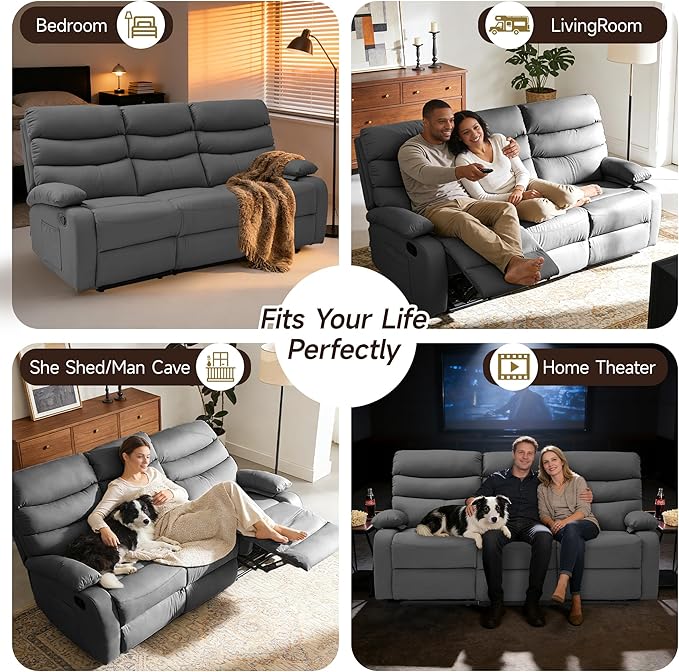 3 Seater Recliner Sofa Set, Anti-Scratch Reclining Loveseat Sofa & Couch for Living Room, RV, Home Theater Apartment(Grey, 3 Seater Sofa)