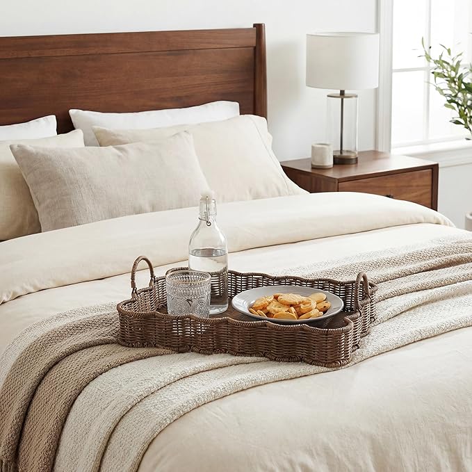 GRANNY SAYS Wicker Decorative Scalloped Trays for Home Decor, Coffee Table Trays with Handles, Woven Rattan Tray for Kitchen Counter, Rectangle Serving Tray Decor for Living Room, Ottoman, Brown