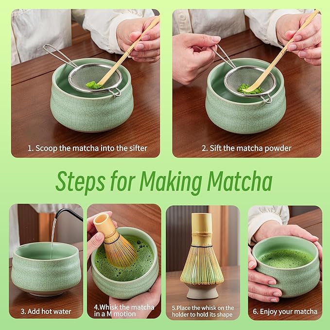 TEANAGOO Matcha Whisk Set Green, 7 Pcs Matcha Set, Matcha Kit for Ceremony, Matcha Tea Set for Making Breakfast/Latte,Whisk Set and Ceramic Bowl with All Accessories, Gift for Family/Friend
