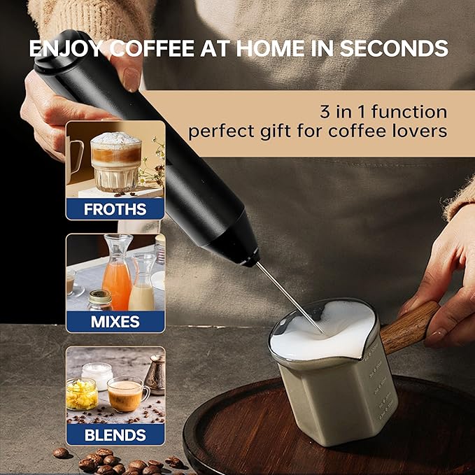HealSmart Kitchen Milk Frother Handheld with Stand for Coffee, Electric Foamer Maker for Lattes, Mini Hand Blender for Cappuccino, Matcha, Frappe, Hot Chocolate, Wand Drink Mixer Whisk, Black