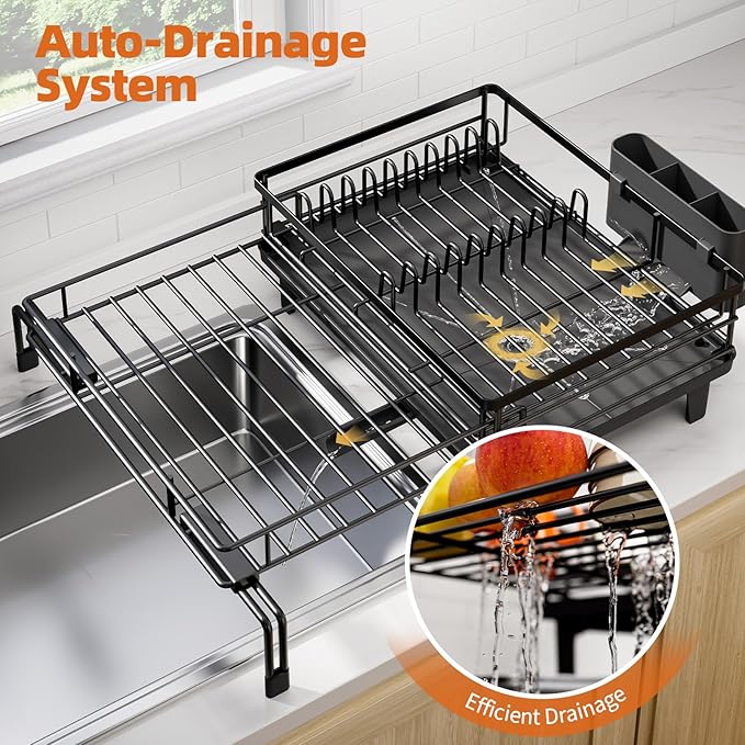 Urackify Dish Drying Rack - Large Dish Racks for Kitchen Counter, Extendable Sink Dish Drainer, Rustproof Dish Strainer with Utensil Holder, 1 Tier Black