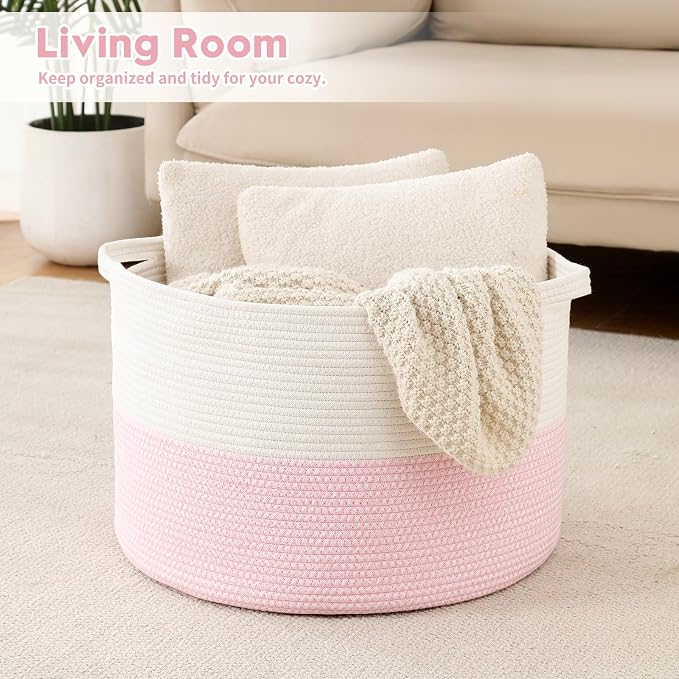 Foldable Laundry Hamper Basket with Collapsible Handle Cotton Rope Soft Woven Fabric Storage Organizer Clothes Toys Nursery Bedroom Dorm Space Saving Bin (White & Pink, 115L(23.6"D x 15.7"H))