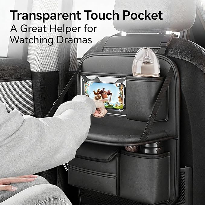 2 Pack Universal Premium Leather Foldable Car Backseat Organizer with Table Tray, Seat Back Protector with Touch Screen Pad Phone Holder, Car Storage Pockets Tissue Box with School Bags Hooks