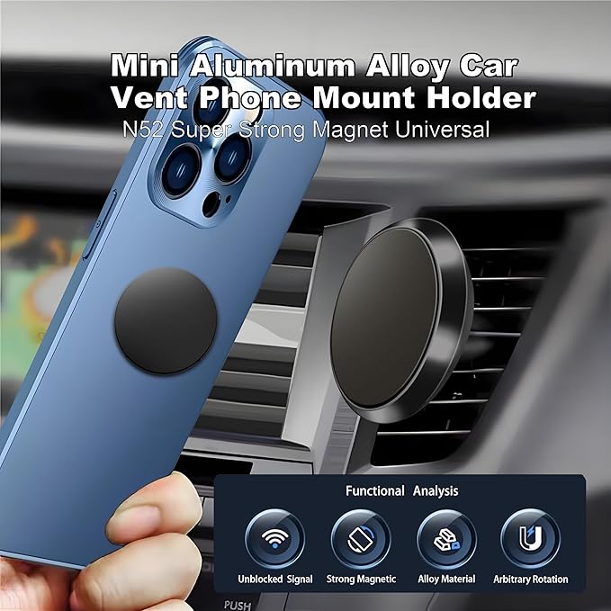 Mini Aluminum Alloy Car Vent Phone Mount Holder - N52 Super Strong Magnet Universal Compatible with for iPhone 17 Pro/16/15/14, Samsung Galaxy, iPad & mini Tablets - 2 Pack (Black)