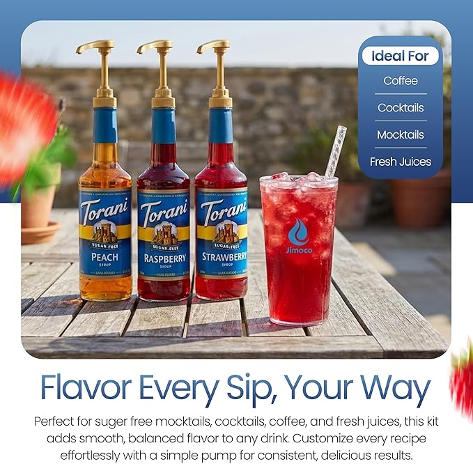 Jimoco Barista Set – Torani Sugar Free Peach, Raspberry & Strawberry Syrups (25.4 oz Each) with 3 Jimoco Syrup Pumps, Reusable Cups, Straws & Stirrers – Coffee, Italian Soda & Cocktail Flavoring Kit