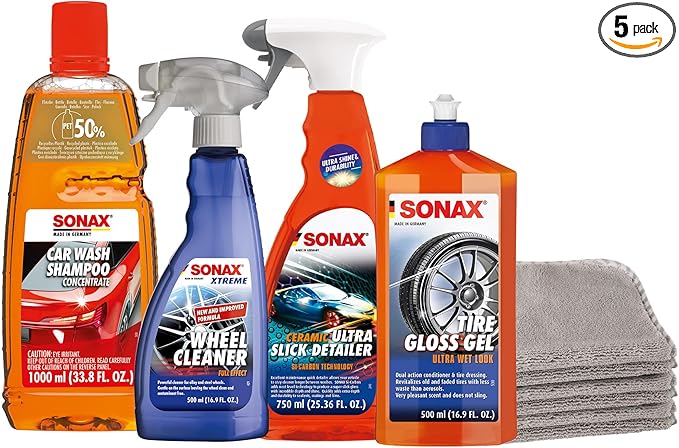 SONAX Premium Exterior Car Wash Kit | 5-Piece Complete Car Care Set | Car Wash Shampoo, High Speed Wax, Wheel Cleaner, Tire Gloss Gel & 3-Pack Microfiber Cloths | Professional Car Detailing Kit