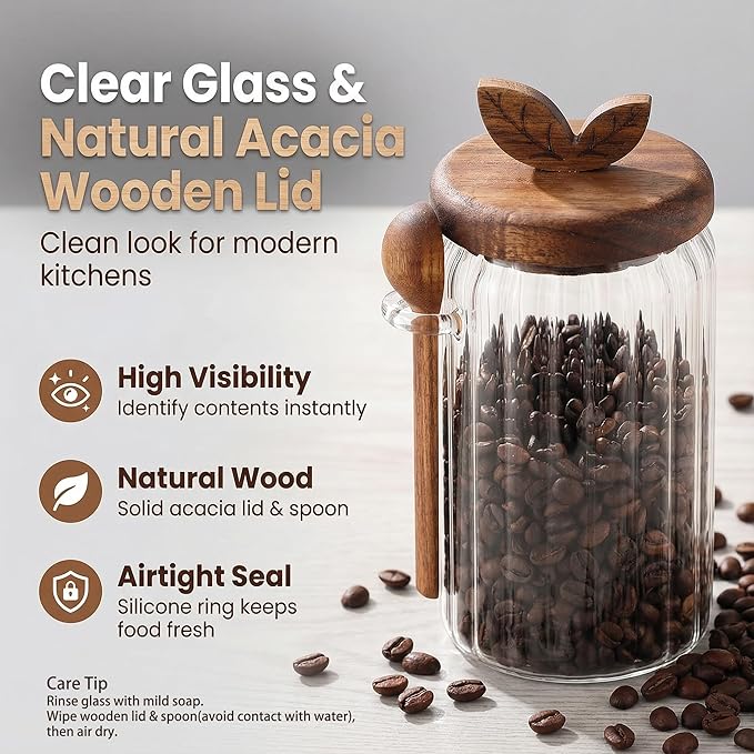 Glass Coffee Canister with Wooden Lid & Spoon, Airtight Food Storage Jar for Coffee, Sugar, Salt, Tea & Snacks (27floz)