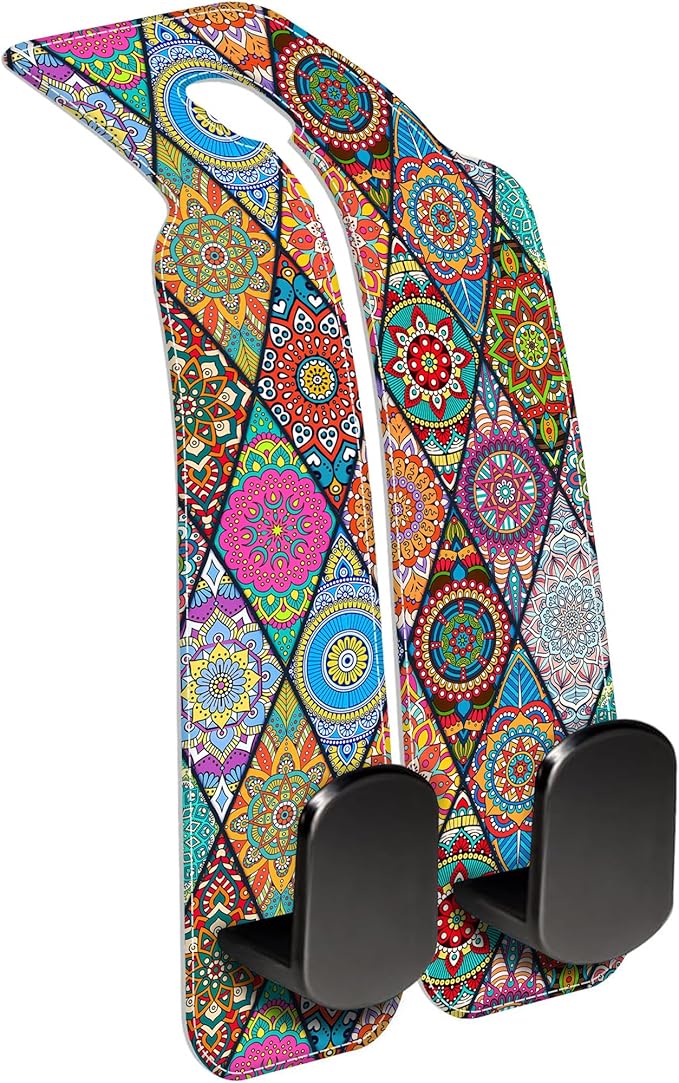 Purse Hook for Car Vintage Boho Mandala Flowers 1 Pack Headrest Back Seat Hook Premium Leather Double Metal Hanger Storage Pack Bag Purse Holder Car Accessories