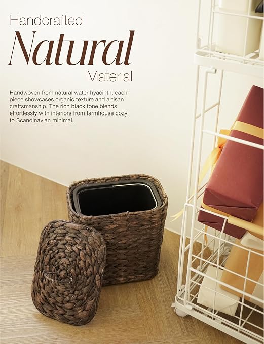 Tidita 1.5 Gallon Wicker Waste Basket with Lid, Removable Liner, Iron Frame | Water Hyacinth Construction, Hand-Woven, Removable Lid, Isolates Odors, Plastic Removable Liner, Iron Frame, Black Color