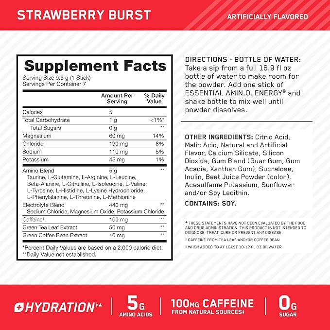 Optimum Nutrition Essential Amino Energy Plus Electrolytes Stick Packs, Energy Powder, Strawberry Burst, 7 Count