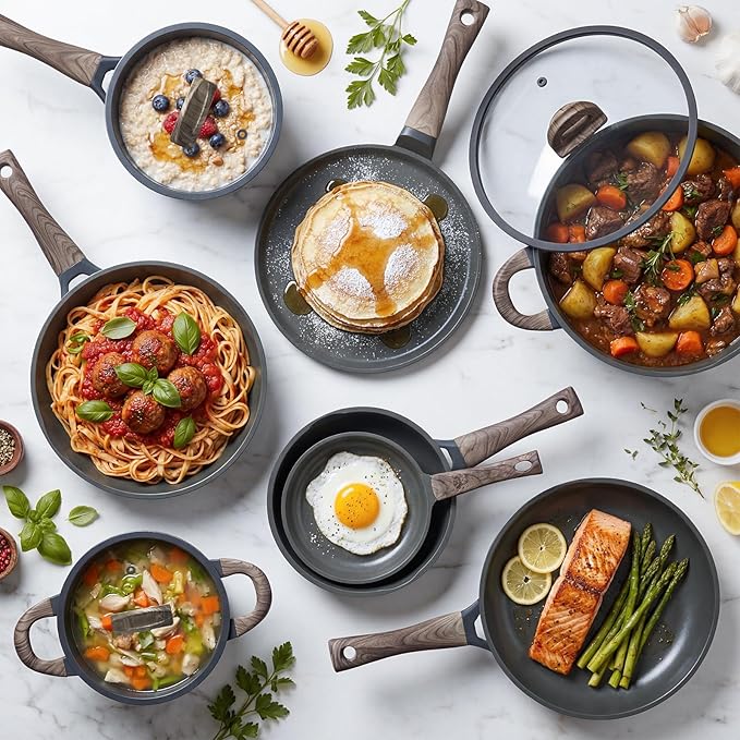 USELUCK Pots and Pans Set Nonstick 22 Pcs, Ceramic cookware set Non-Toxic CoatingGray Granite Kitchen Cookware Set, Induction Kitchen Cooking Set w/Frying Pans & Glass Lids, PFOS & PFOA Free