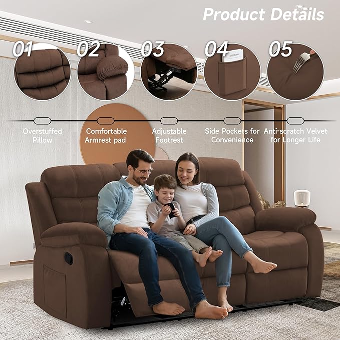 Reclining Sofa Set 3 Seater Couch Recliner, Velvet Wall Hugger Recliner Sofas for Living Room, RV, Home Theater Seating(Brown, 3 Seater Sofa)