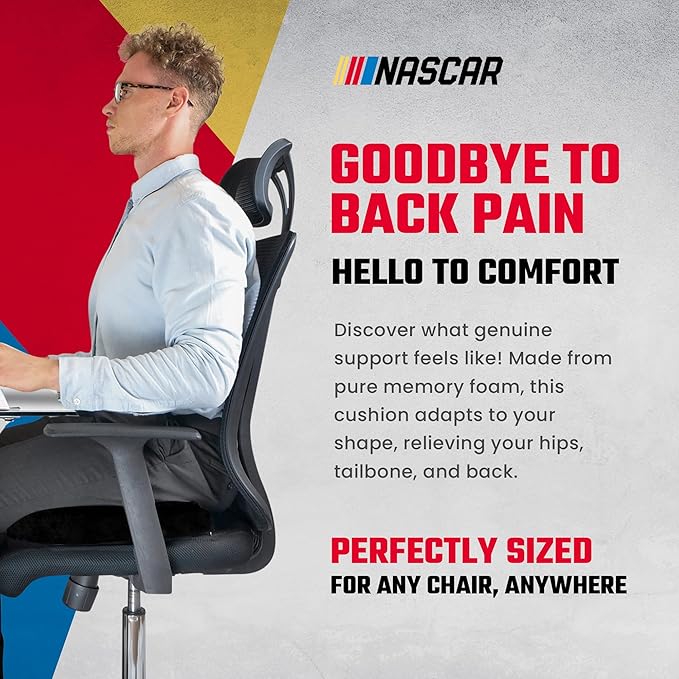 NASCAR Seat Cushion | Ergonomic U-Shape with Memory Foam for Tailbone, Sciatica, & Back Pain Relief | Breathable & Comfortable Velvet w/Non-Slip Rubber Bottom | for Car, Office, Home, Travel | Black