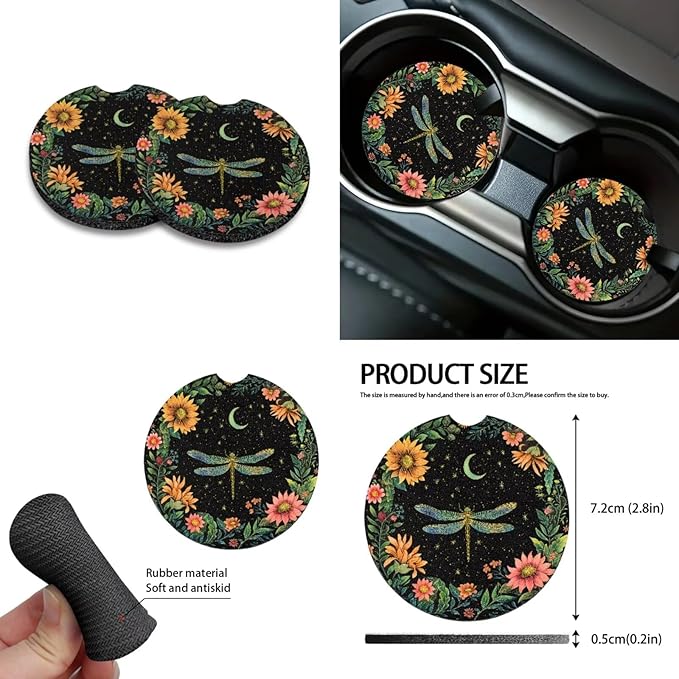 Dragonfly Flower Printed Car Interior Cover Sets, Set of 10, Includes Car Front and Rear Seat Protector, 15 Inch Steering Wheel Cover, Coaster, Trash Can, Air Vent Storage Bag, Keychain
