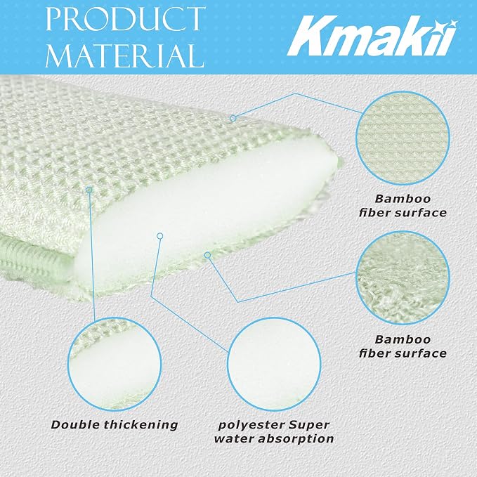 KMAKII Bamboo Kitchen Sponges Dish Sponge Super Absorbent Natural Dish Sponges,3 Color, Pack of 6