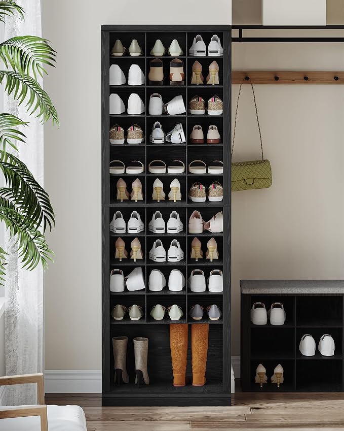 Hzuaneri 11 Tiers Shoe Storage Cabinet, Tall Shoes Cabinet with Cubby, Freestanding Wooden Shoe Organizer, 30-33 Pairs, Shoes Cubby Organizer for Entryway, Bedroom, Black SR02004X