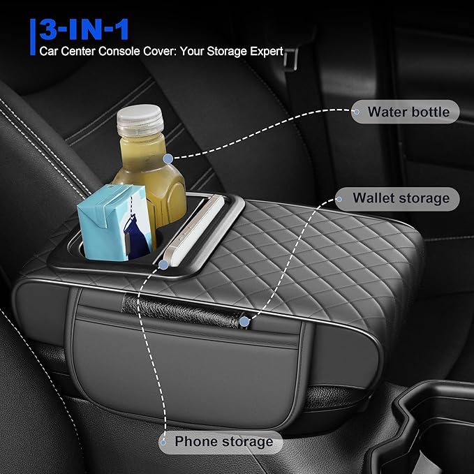 Upgraded Car Center Console Cover Fit for Subaru Forester Thick Leather Car Armrest Cover with 2 Storage Pockets,Cup Holder,Phone Slot(Gray)