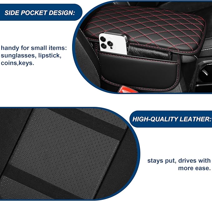 Car Center Console Cover Fit for Volkswagen Taos Leather Armrest Cover with 2 Storage Bags Waterproof Console Cover Scratch & Wear Resistant(Redline)