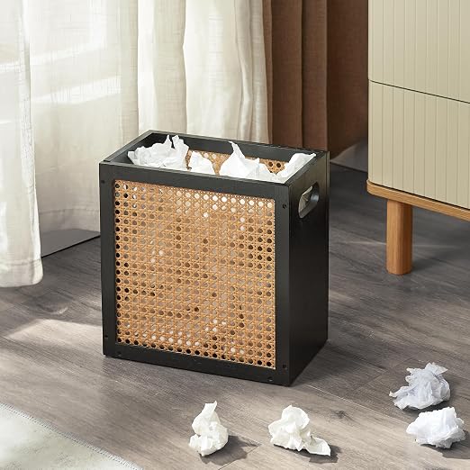 TIOPGHAD Small-Wicker-Waste-Basket-Trash-Can 3 Gallon/11.6 L Bamboo Mini Rattan Wastebasket Garbage Can Trashcan Wood Trash bin for Bathroom Office Living Room(Black&Oak)