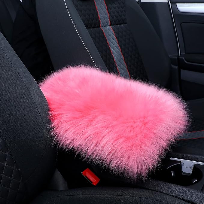 Frienda Furry Armrest Cover Auto Center Console Cover Car Soft Console Pad, Real Sheepskin Wool Soft Fluffy Auto Center Armrest Pad for Most Car Decoration Protector(Pink)