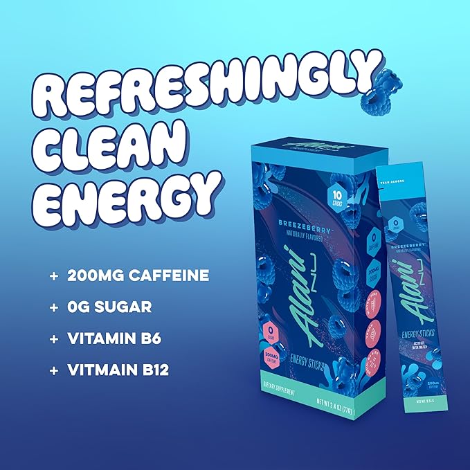 Alani Nu BREEZEBERRY, Energy Sticks Drink Powder, 200mg Caffeine, Pre Workout Performance with Antioxidants, On-The-Go Drink Mix, Biotin, B Vitamins, Zero Sugar, 5 Calories, 10 Pack