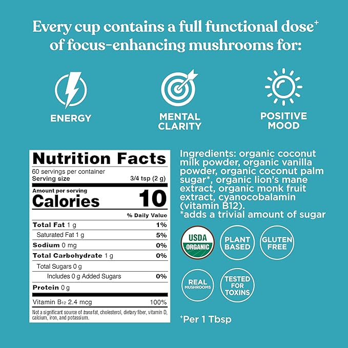 Four Sigmatic Focus Vanilla Coffee Creamer | Organic Non Dairy Coffee Creamer with Lion’s Mane and Vitamin B12 | Vanilla, 4.23 oz