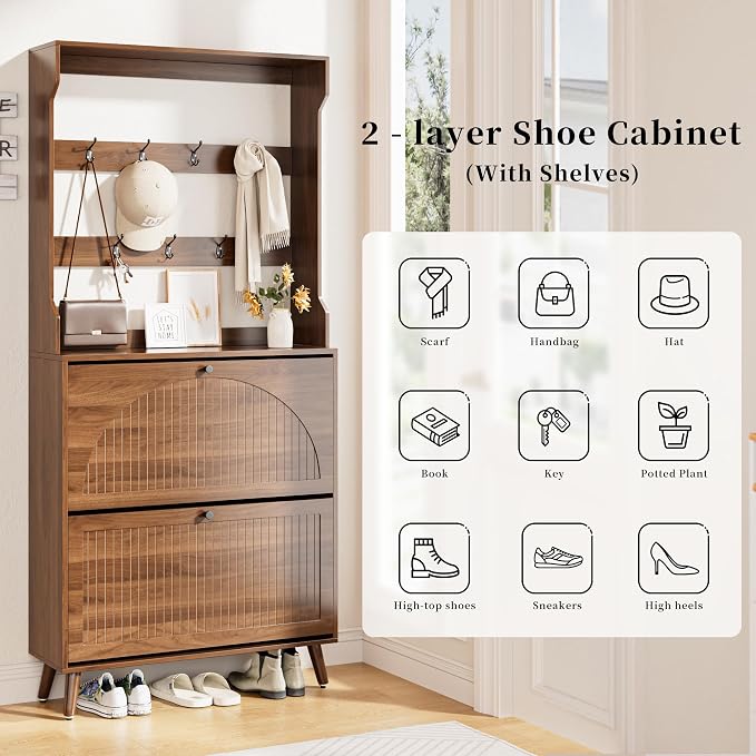Fsbecl Shoe Cabinet for Entryway with 2 Flip Drawers & Coat Rack, Narrow Hidden Shoe Storage Cabinet with Fluted Panel, 2-in-1 Hall Tree Slim Freestanding Shoe Rack Organizer for Hallway, Walnut