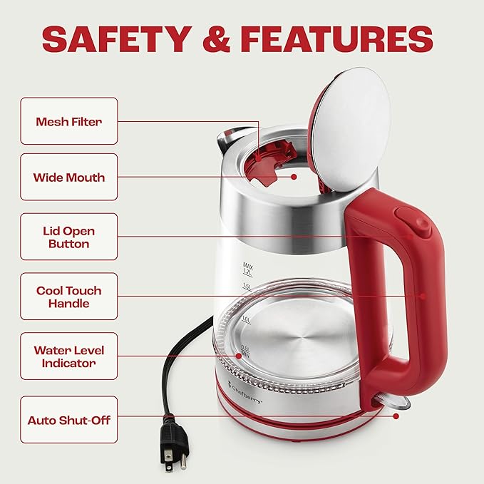 Electric Kettle for Boiling Hot Tea & Water | 1.7L Stainless Steel Borosilicate Glass Boiler With No Plastic, Automatic Shutoff, BPA Free, Fast Heating Technology (Red)