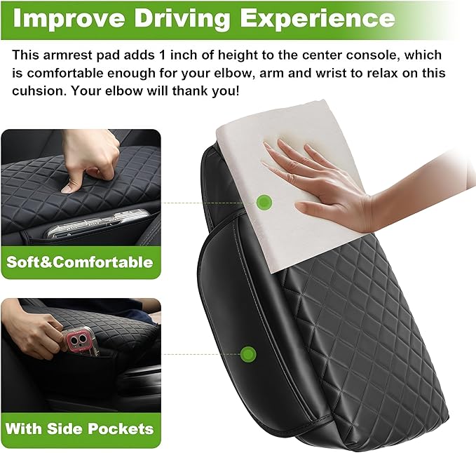 Armrest Cover for 2015-2019 Hyundai Sonata Center Console Pad with Organizer Storage Pockets, Black Faux Leather Arm Rest Lid Protector Cushion Interior Accessories