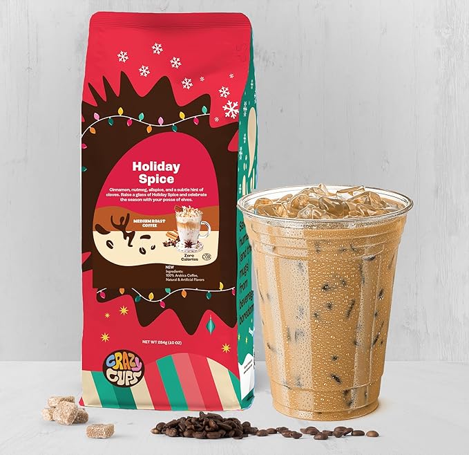 Crazy Cups Flavored Holiday Ground Coffee Variety Pack, Includes Holiday Spice, White Christmas, Caramel Eggnog in 10 oz Bags, 3 Pack