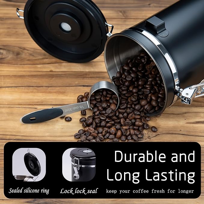 Kmass Kmaxx 2pack 22oz Airtight Stainless Steel Coffee Canister Food Storage Container with Date Tracker and Measuring Scoop for Coffee Beans or Grounds, Tea, Sugar, Rice (BLACK)