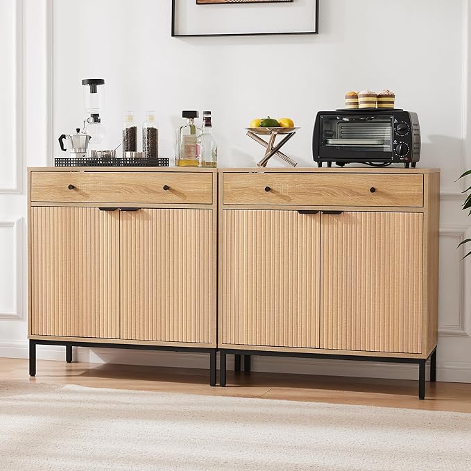 Mericonia Set of 2 Buffet Sideboard Cabinet with Storage, Fluted Coffee Bar with Doors and Adjustable Shelves, Modern Wood Console Cabinet for Kitchen, Livingroom