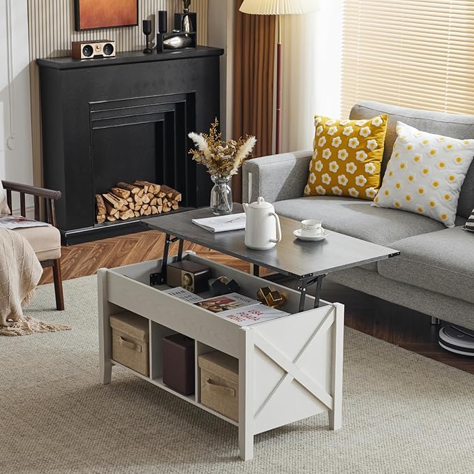 VINGLI Farmhouse Lift Top Coffee Table, Rustic Grey with Storage Shelf/Hidden Compartment, Mesa De Centro para Sala, Rustic Brown (White Charcoal, 40" L)
