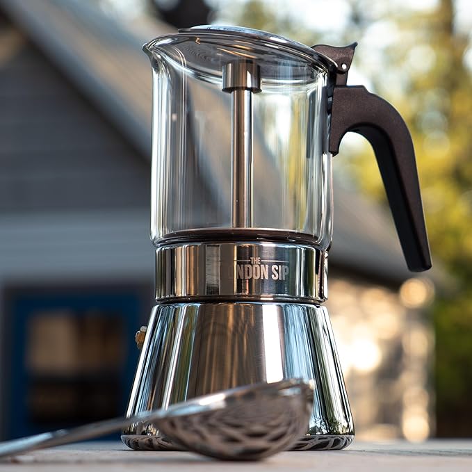 The London Sip Glass and Stainless Steel Stovetop Espresso Maker Moka Pot Italian Coffee Percolator, Glass, Small (5.07 oz)