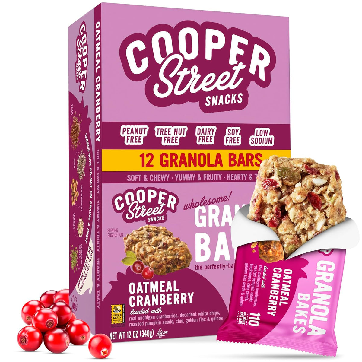 Cooper Street Granola Bakes - Soft Baked Oats, Grain & Seeds Breakfast Granola Cookie Bars - Nut & Dairy Free, Low Sodium, Healthy Lunchbox Snacks for Kids & Adults - Blueberry Pomegranate - 12 Pack