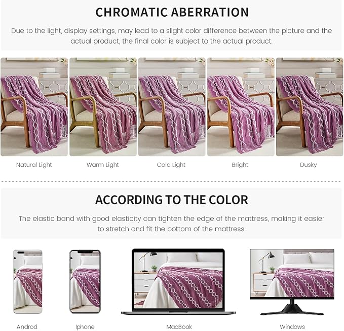 BOURINA Fluffy Chenille Knitted Fringe Throw Blanket Lightweight Soft Cozy for Bed Sofa Chair Throw Blankets Deep Purple 50" x 60"