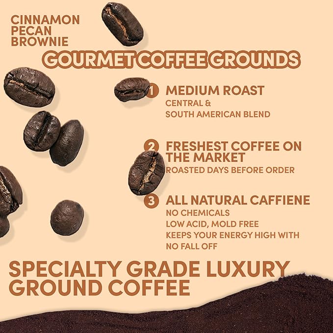 2 lb Cinnamon Pecan Brownie Ground Coffee | Cinnamon & Pecan Flavored Dessert Coffee | Bulk Sweet Nutty Flavored Ground | Specialty Grade | 32 oz