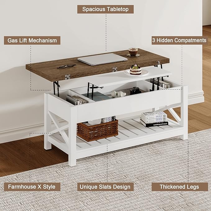 ChooChoo Farmhouse Lift Top Coffee Table, Multi-Function Convertible Coffee Table with Storage and Hidden Compartment, Converts to Dining Table for Living Room, 40 White & Brown