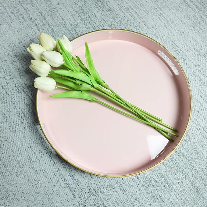 Spsyrine Round Pink Decorative Tray, 13" Plastic Serving Table Tray with Handles for Breakfast, Ottoman, Coffee Table, Bathroom, Kitchen, Living Room