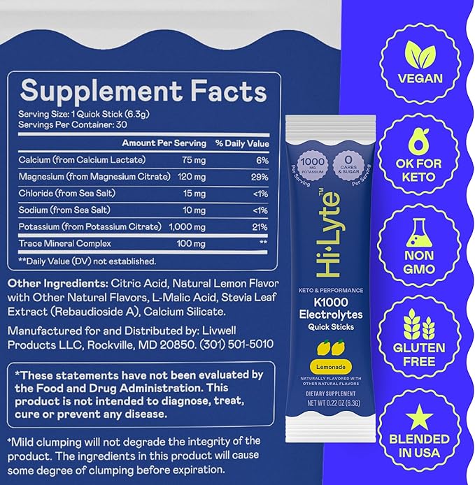Hi-Lyte K1000 Electrolytes Powder Packets Lemonade, 30 Servings