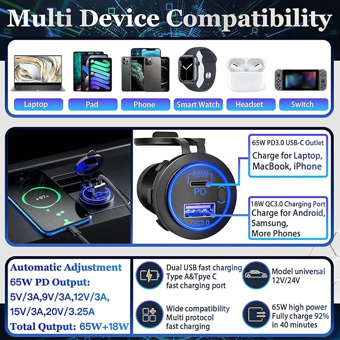 83W 12V USB Outlet, 18W QC 3.0 USB A & 65W PD USB C Car Charger Socket with ON Off Switch for Car Golf Cart Boat Marine Bus Truck RV Marine Motorcycle