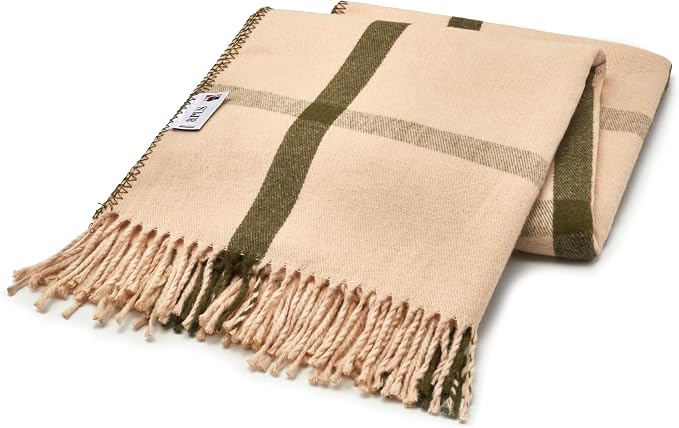 Arus Acrylic Highlands Collection Queen Size Tartan Plaid Design Throw Blanket Cream Green, 60x80 inch