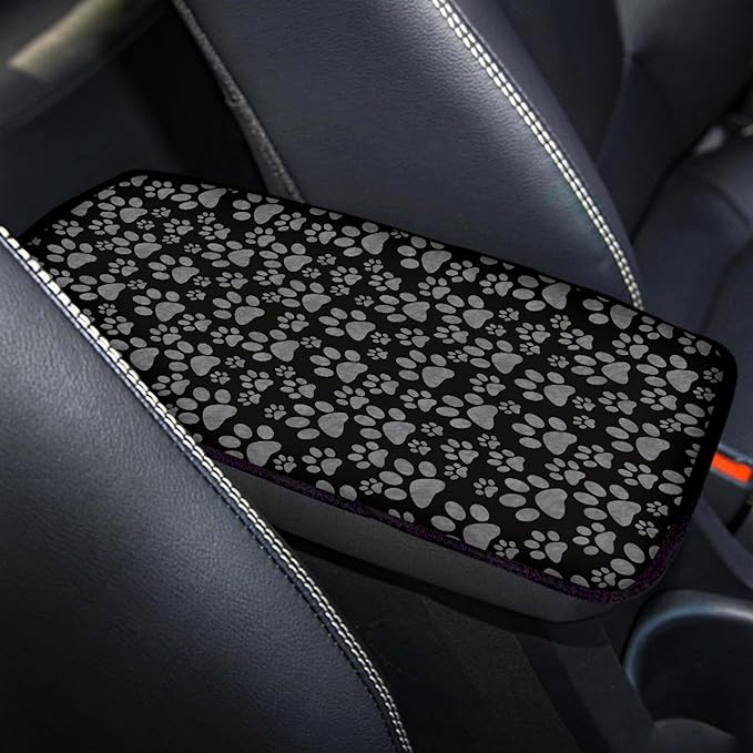 Gray Dog Paws Print Car Center Console Cover for Women,Puppy Paws Design Auto Armrest Cover Cushion