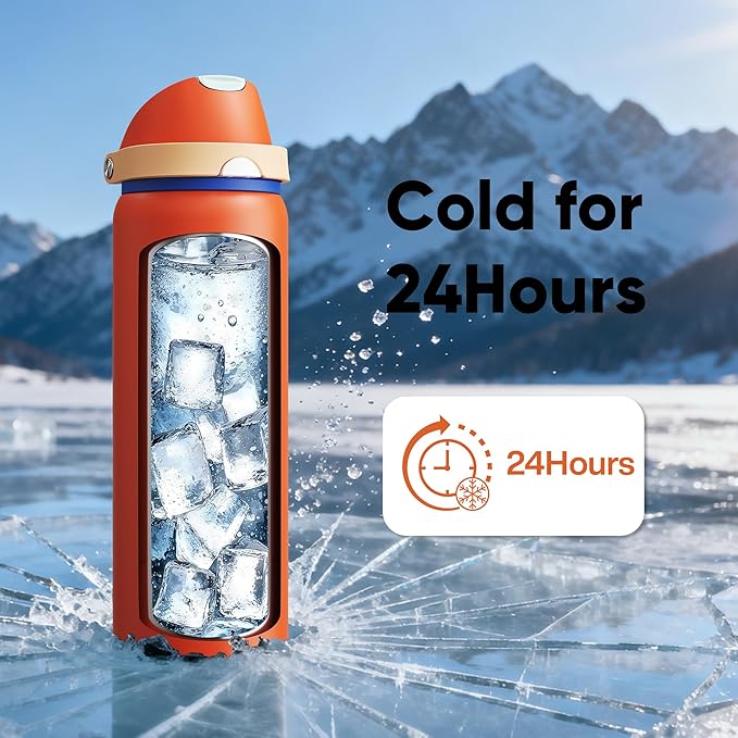 Insulated Water Bottle with Straw - Encool Stainless Steel Water Bottle with Push Button Lid, Leak-Proof & BPA-Free, Keeps Cold for 24 Hours for Sports, Travel, Gym (32 oz, Salmon)