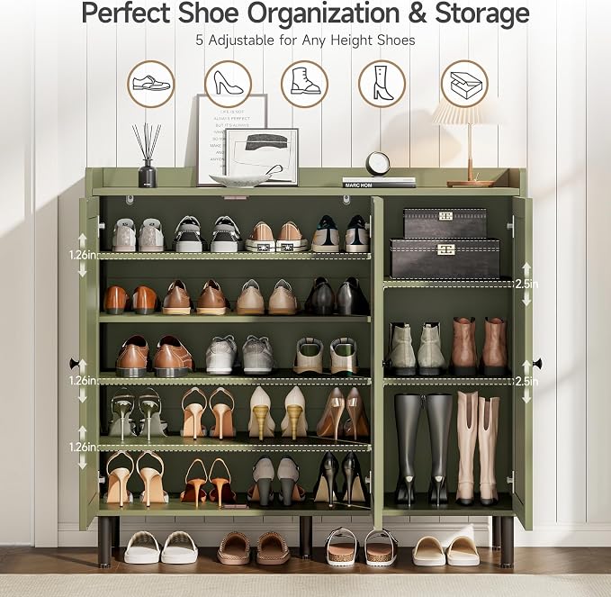 ONBRILL Shoe Cabinet with 3 Doors and Adjustable Shelves, 30 Pairs Shoe Storage Cabinet, 40 Inch Tall Farmhouse Shoe Rack Shoe Organizer Cabinet for Entryway Living Room Closet, Green