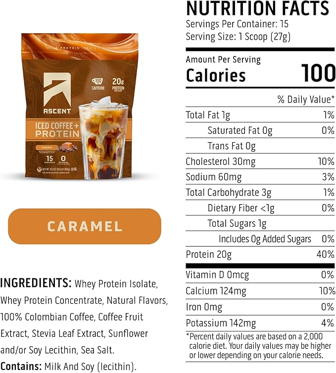 Ascent Caramel Iced Coffee Protein Powder - High Protein Powder, 20 g Protein & 100 mg Caffeine from Premium Colombian Coffee, Zero Artificial Flavors & Sweeteners - 15 Servings