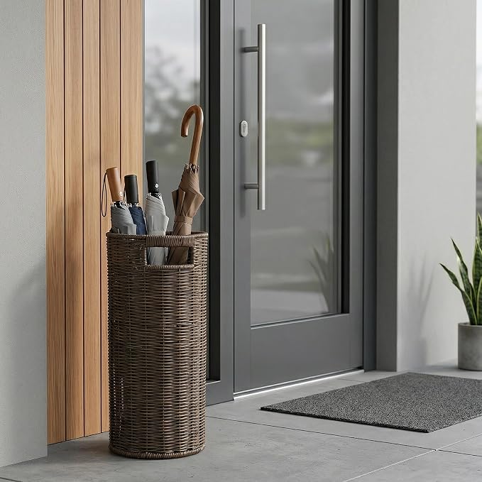 Rattan Umbrella Holder for Entryway with Drip Tray, 21''H Round Umbrella Stand for Indoor & Outdoor, Tall Wicker Basket for Storage, Woven Organizer for Home, Office, Hotel, Shop, Brown