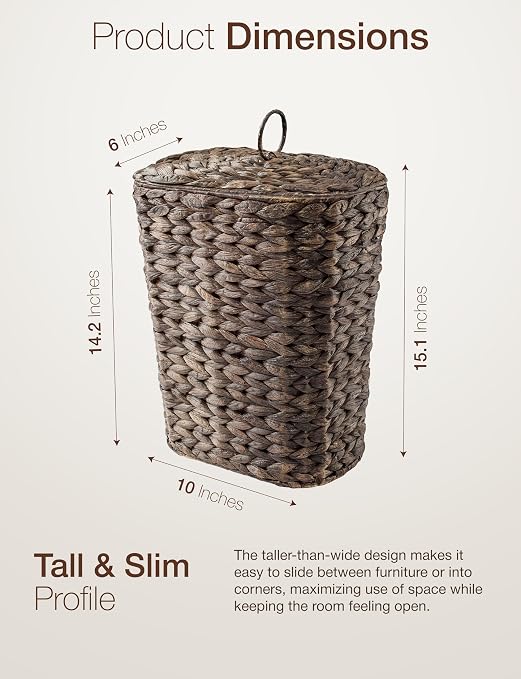 Tidita 3 Gallon Large Wicker Trash Can with Lid, Boho Bathroom Garbage Can | Water Hyacinth Construction, Space-Saving Shape, Reinforced Inner Iron Frame, Removable Liner For Easy Emptying, Black Color
